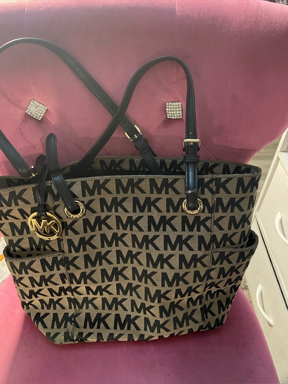 Michael Kors Brown and Black MK Logo Tote with Gold Accent